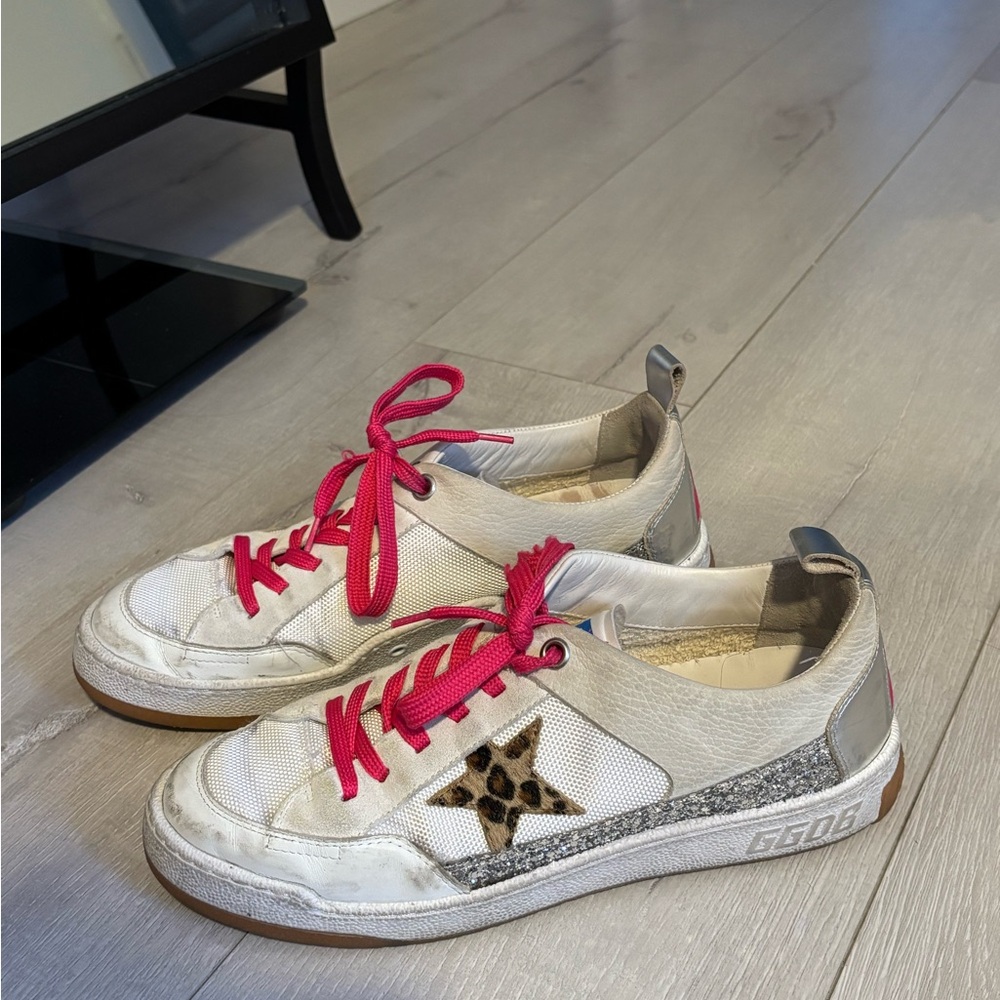 Golden Goose Superstar Sneakers, Leopard Star, Silver Glitter, Hot Pink Laces